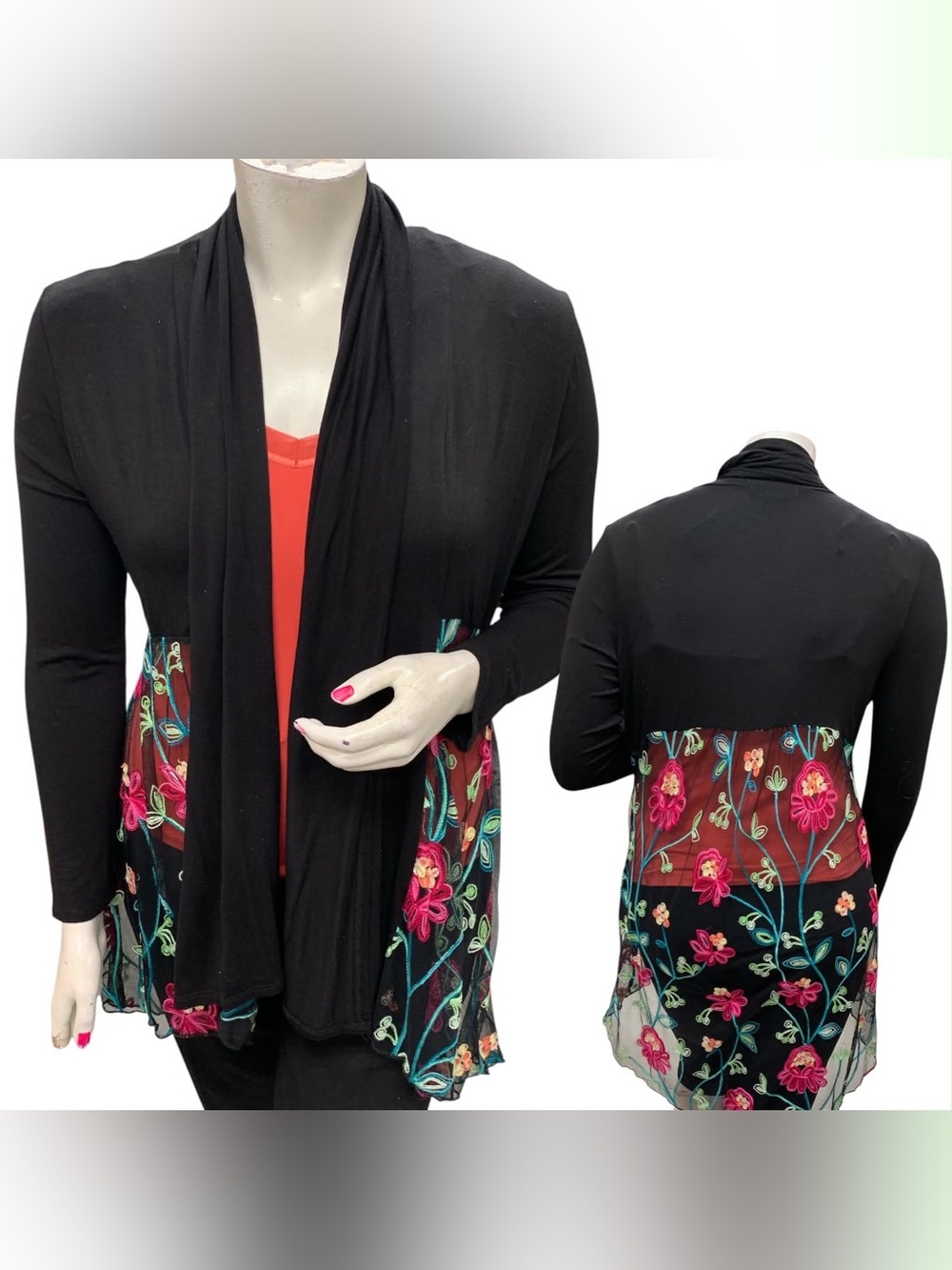 Kim & Cami Black Open Cardigan with Pink & Teal Floral Embroidery Size L